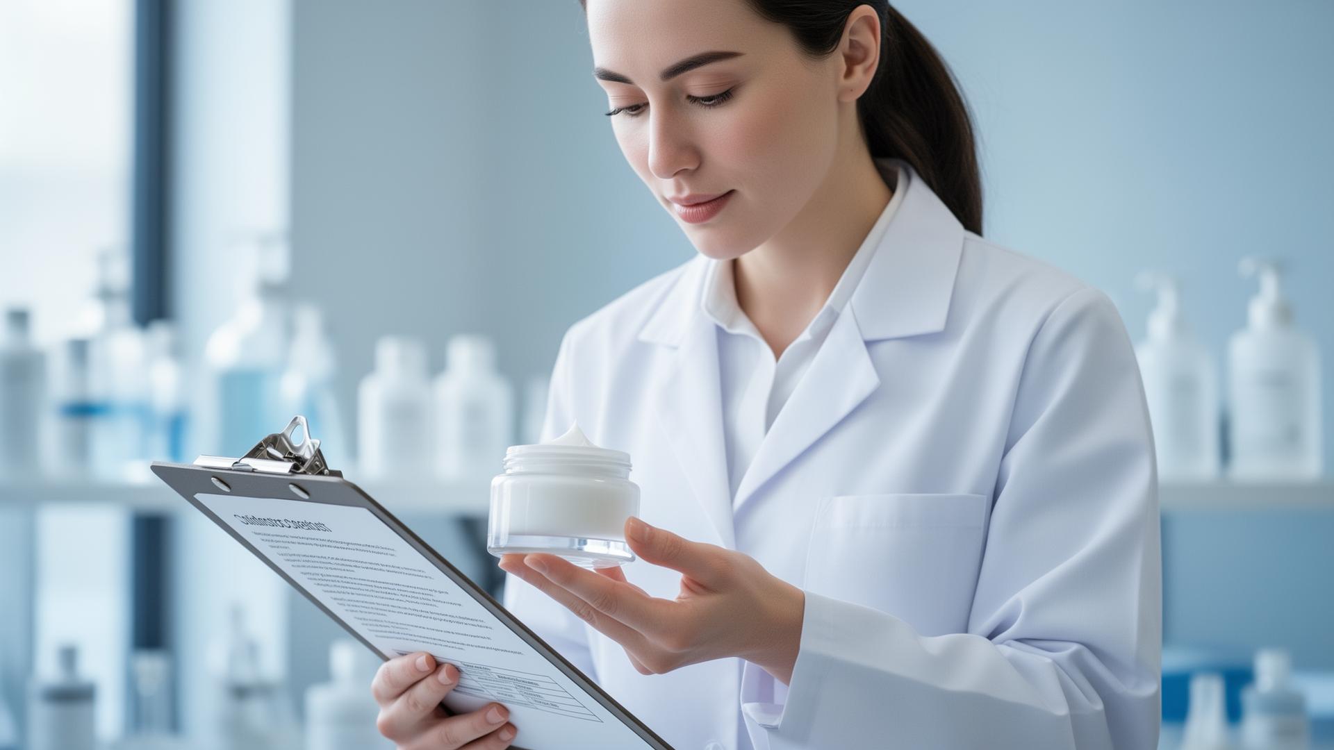 Especialista regulatoria revisando un producto cosmético